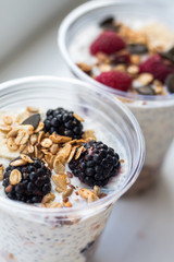 Chia pudding with yogurt, blackberries, raspberries, bananas and oatmeal served in cups