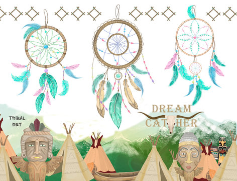 Hand drawn Native American Indian talisman dreamcatcher with feathers and moon. hipster illustration isolated on white. Ethnic design, boho chic, tribal symbol. Coloring book for adults.