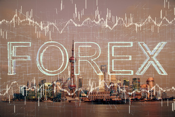 Obraz na płótnie Canvas Forex chart on cityscape with tall buildings background multi exposure. Financial research concept.