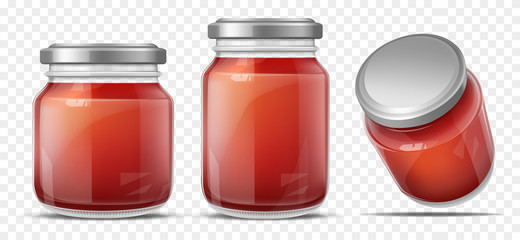Tomato sauce canned in glass jars with screw metal lid, side, perspective view. Vegetables home preservation. Ketchup, taco or tomato juice conservation isolated, 3d realistic vector illustration set