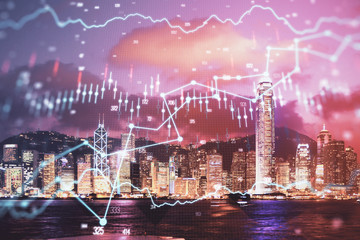 Double exposure of forex chart drawings over cityscape background. Concept of success.