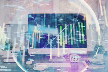 Double exposure of business theme icons and work space with computer background. Concept of success.