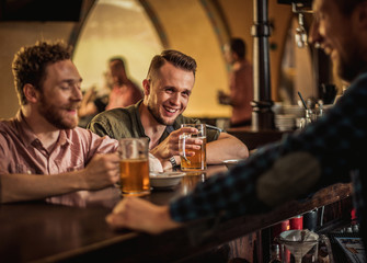 Cheerful friends drinking draft beer in a pub