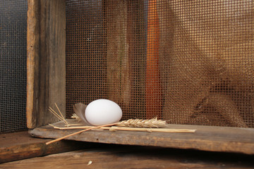 white egg lies in a wooden box, old, grunge, concept, close-up, copy space