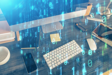 Technology theme drawing and table with computer. Double exposure. Concept of information.