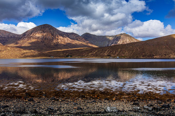 Loch Sligachan on Isle of Skye, sea loch with the reflection of the Cuillin hills