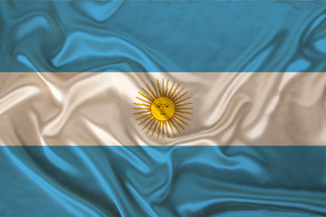 photo of the national flag of Argentina on a luxurious texture of satin, silk with waves, folds and highlights, close-up, copy space, travel concept, economy and state policy, illustration