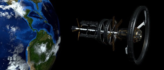 Space Station Ship near Earth. Extremely detailed and realistic 3d illustration. Elements of this image are furnished by NASA.