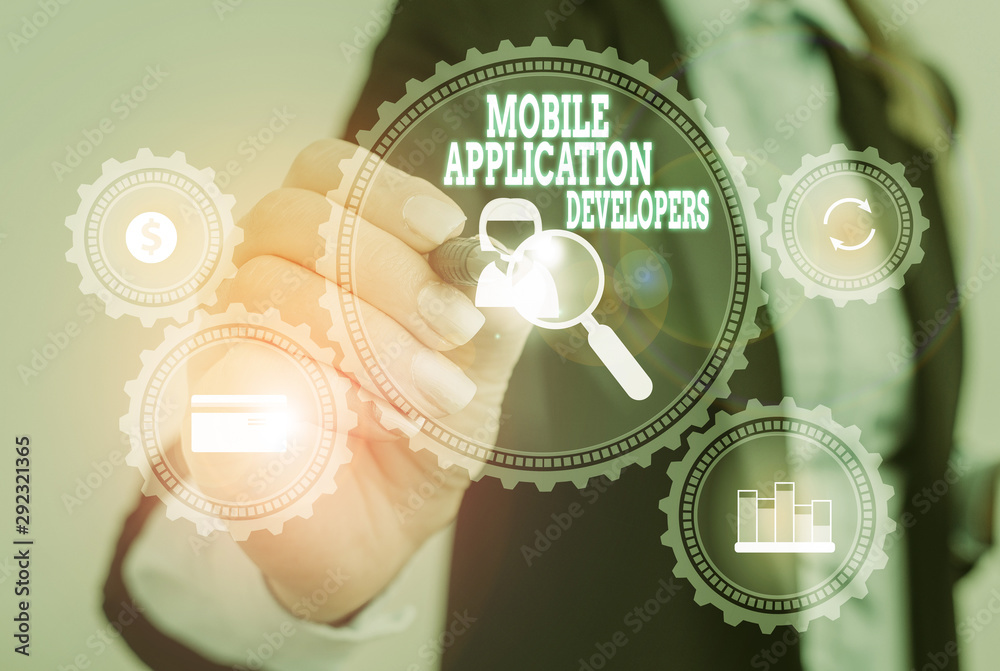 Poster Writing note showing Mobile Application Developers. Business concept for create software for devices like app store Woman wear formal work suit presenting presentation using smart device
