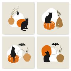 Minimalistic vector composition for Halloween with a black cat and a bat. - 292321375