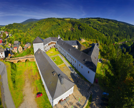 Branna village with chateau and castle Kolstejn in the mountains Jeseniky, Moravia, Czech republic, Europe 