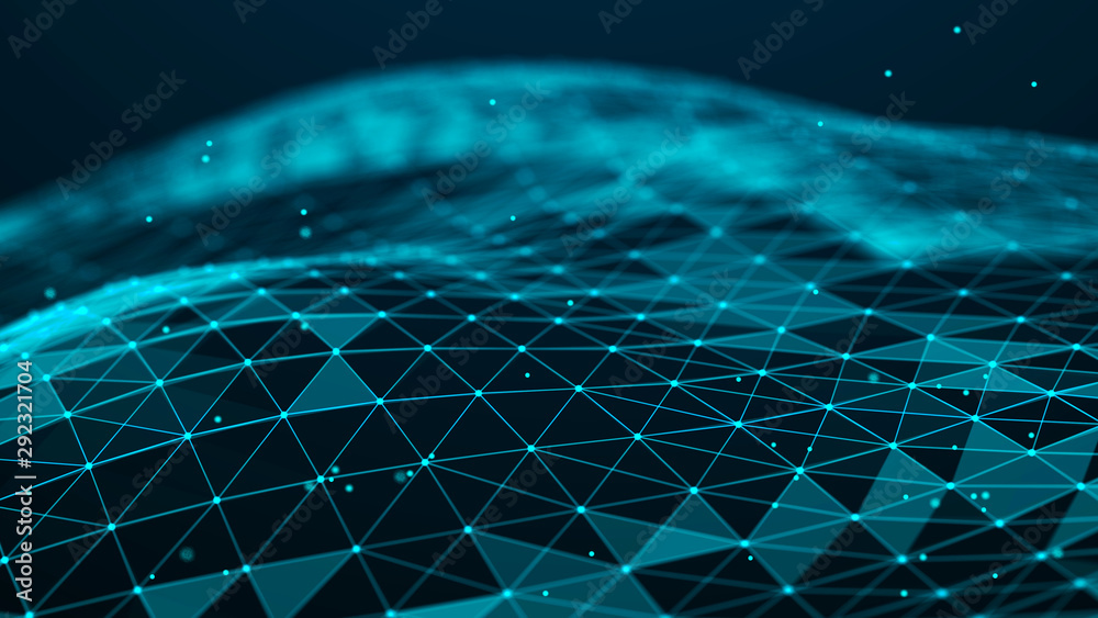 Poster Abstract polygonal space. Connection dots and lines structure. Digital background. Triangular business wallpaper. 3d