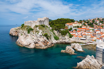 Fototapeta na wymiar View of Dubrovnik fortress from city walls, the famous Unesco world heritage site in Croatia.