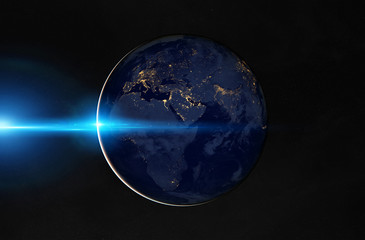 Fototapeta na wymiar View of planet Earth at night with cities lights on Europe and Africa 3D rendering elements of this image furnished by NASA