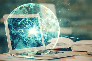 Double exposure of business theme icons and work space with computer background. Concept of success.