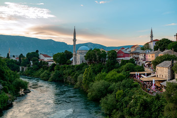 Fototapeta na wymiar Mostar historic town in yugosavian war. A famous tourist destination in Bosnia and herzegovina former Yuoslavia.