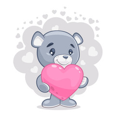 Cute teddy bear with big valentine heart illustration