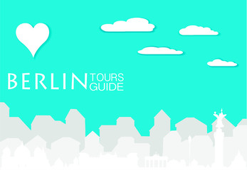 Berlin silhouette, vector skyline illustration, clouds, heart, collage icon, city panorama river