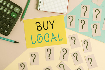 Conceptual hand writing showing Buy Local. Concept meaning Patronizing products that isoriginaly...