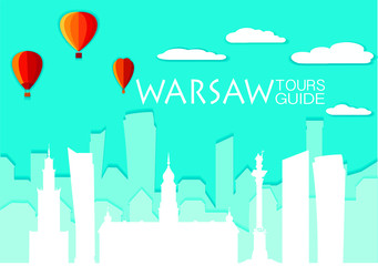 Warsaw silhouette, paper cut stile vector skyline illustration, clouds, airship, collage icon, city panorama