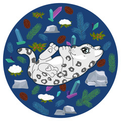 Obraz premium cute snow leopard kitten with spruce branches, crystals, stones, cones, snow covered bush on dark blue background, cartoon drawing funny animals, wild cat kitten isolated, editable vector illustration