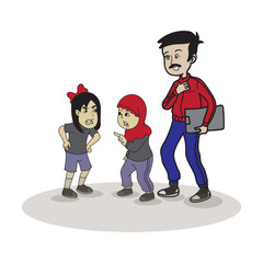 The schoolboy welcomed the happy teacher on a white background. Teacher's Day. Back to school.