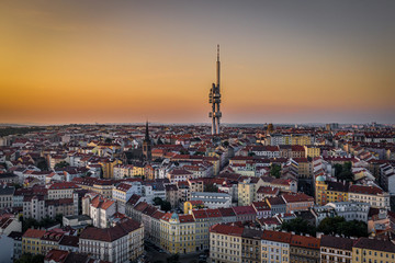 The Zizkov Television Tower is a unique transmitter tower built in Prague between 1985 and 1992. It stands high above the city's traditional skyline from its position on top of a hill in Prague.