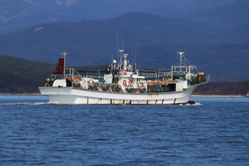 Squid fishing boat underway at sea on background of green coastal mountains. Fishing schooner equipped with lights to catch squid in the ocean.