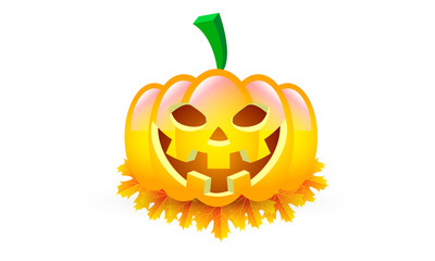 Halloween pumpkin isolated on autumn leaves, vector art illustration.