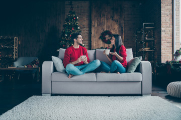 Portrait of his he her she nice attractive lovely cheerful cheery friendly married spouses sitting...