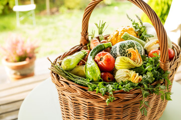 Colorful vegetables in wicker basket outdoor - gardening
