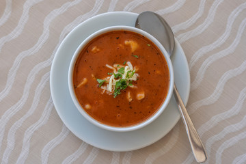 Tomato soup with cheese and fresh parsley, closeup