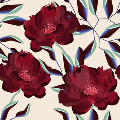 Seamless pattern burgundy peonies with green-blue leaves on a beige background.