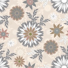 Abstract cornflowers and daisies seamless pattern in brown, white and gray colors on a pale pink background.