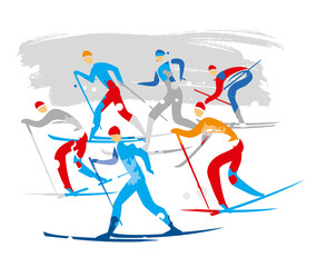 Nordic ski race, crosscountry skiers..  A expressive stylized drawing of cross-country ski competitors. Vector available.
