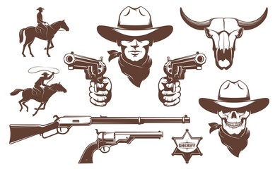Cowboy Wild West retro design elements. Bandit cowboy skull with guns. Vector illustration.