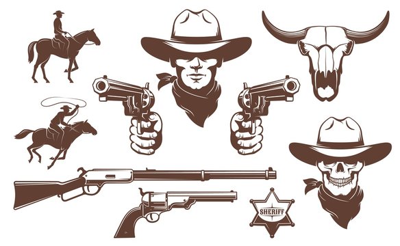 Cowboy Wild West retro design elements. Bandit cowboy skull with guns. Vector illustration.