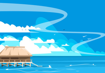 Vector illustration of a landscape of a wooden house standing on the water, sea landscape with clouds