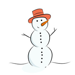 Snowman made of snow with hands made of branches in a hat. Cheerful snowman with a carrot nose.