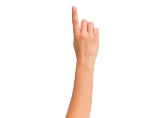 Female hand showing 1 finger gesture, isolated on white background. Beautiful hand of woman with copy space. Hand doing gesture of number One. Series of photos count from 1 to 5.