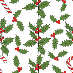 Vintage seamless pattern with vector holly pattern for paper design. Happy new year decoration. Vector graphic. Vector festive illustration. Holly berry christmas icon. Season greeting.