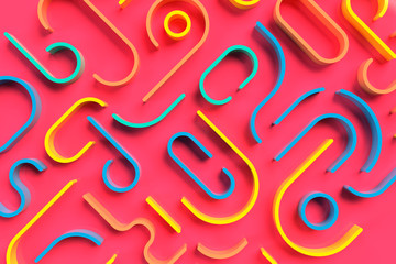 Abstract geometric 3D illustration. Modern colorful thin lines on pink background.