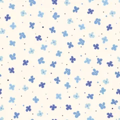Seamless pattern with simple blue flowers and small dots