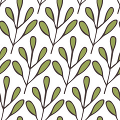 Seamless background pattern with leaf, plants, flowers, berries. Hand draw botanic vector stock illustration, EPS 10.