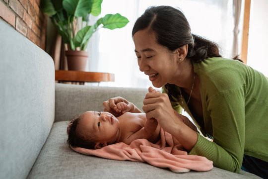 Mother Dryer Her Little Girl Using Towel After Take A Bath