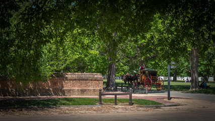 Horse drawn carriage traveling down Williamsburg Road - obrazy, fototapety, plakaty