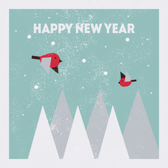 Fototapeta na wymiar Happy new year holiday card in trendy minimal scandinavian style: xmas tree, mountain, snow, bullfinch