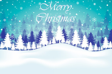 Merry Christmas Landscape. Winter abstract blue background. Christmas tree, snowflakes, snow pattern. New year, happy season design wallpaper. Holidays vector illustration. Vector