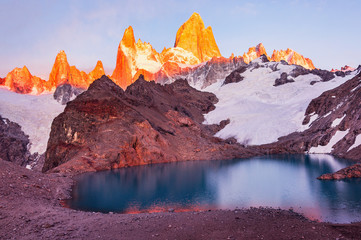 Amazing sunrise view of Fitz Roy mountain. Los Glaciares National park. Argentina.