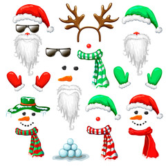 big vector set of Christmas and New Year photo booth and props. vector holiday mask clip art isolated on white. santa hat and beard snowman reindeer head costume with accessories. xmas cartoon